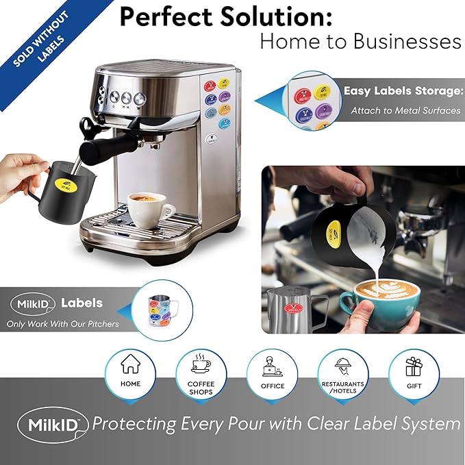 Stainless Steel Milk Frothing Pitcher | Compatible with MilkID Labeling System | Espresso Accessories Kit | Barista Tools | Latte Art Pitcher (32oz / Black Pitcher)
