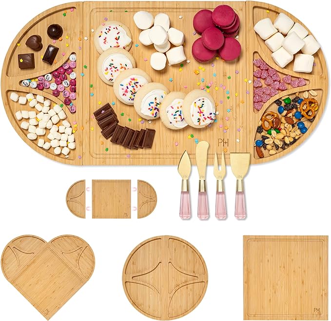 Paris Hilton Charcuterie Board and Serving Set, Customizable and Magnetic Bamboo Board with Cheese Utensils, 7-Piece Set, Pink