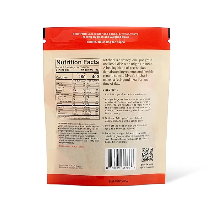 Divya's Bold Kitchari, Strong and Spicy, One-Pot Ayurvedic Meal with Grains, Lentils, and Spices, Healthy & Nourishing Plant-Based Meal, Vegan, Non-GMO, Gluten Free, Organic, Family Size - 4 Meals