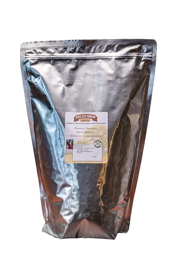 Pecan Shop Raw Unpasteurized Shelled Texas Native Pecans, Wild-Harvested and Tested Pesticide-Free Pecan Halves in Oxygen-Barrier Bag for Peak Freshness - 5 lb
