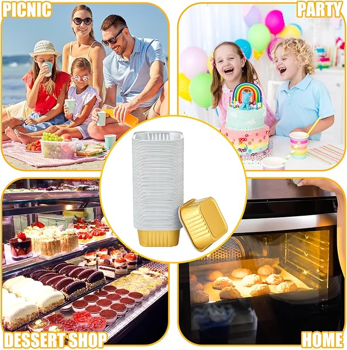 Hushee 600 Pcs Aluminum Foil Baking Cups with Lids and Spoons 5oz Disposable Ramekins Dessert Muffin Creme Brulee Cupcake Liners Containers for Wedding Birthday Christmas Party(Square,Gold)
