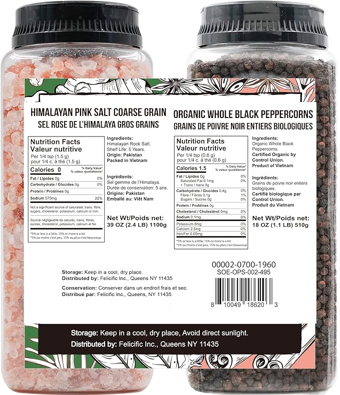 Soeos Himalayan Pink Salt Coarse 39 oz + Organic Black Peppercorns 18 oz, Salt for Grinder Refill, Salt and Peppercorns, Pepper Grinder Refill, Non-GMO Spice Seasoning Set For Cooking
