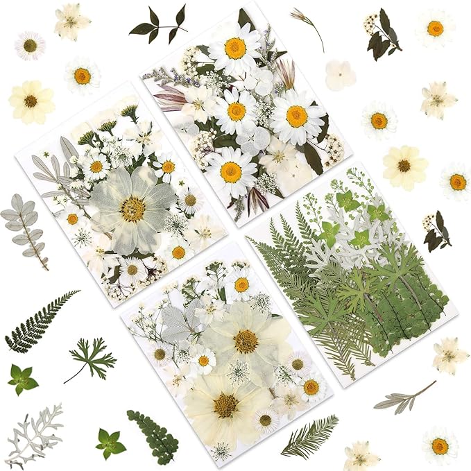 100P White Foliage & Flower Mix Dried Flowers for Crafts, Real Natural Pressed Flowers for DIY Crafts, Resin Jewelry, Candle Art & Scrapbooking Crafts – Tweezers Included
