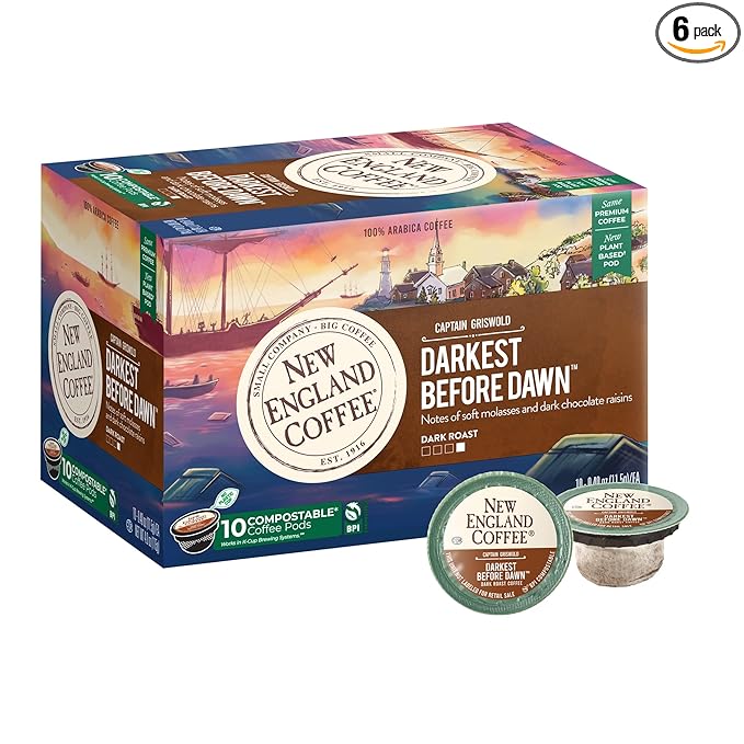 New England Coffee Darkest Before Dawn Dark Roast Single Serve Pods, 10ct Box (Pack of 6)