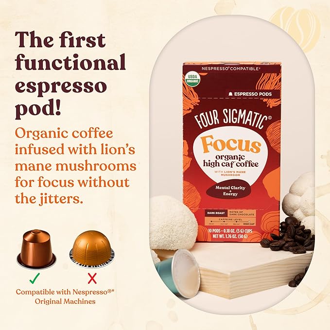 Four Sigmatic Focus High Caffeine Coffee Pods Compatible with Nespresso Original | Organic Dark Roast Espresso with Added Focus | Mushroom Coffee Enhanced with Lion's Mane | High Caffeine 10ct