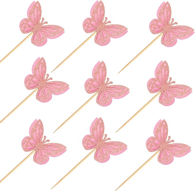 36PCS Butterfly Cupcake Toppers 3D Double Layers Hollow Cupcake Picks Baby Shower Cake Decorations Supplies for Butterfly Theme Wedding Anniversary Kids Birthday Party Pink