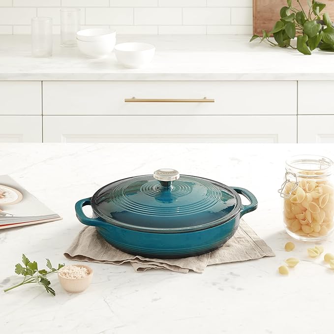 Lodge 3.6 Quart Enameled Cast Iron Covered Casserole with Lid ??Dual Handles ??Oven Safe up to 500ì§?F or on Stovetop - Use to Marinate, Cook, Bake, Refrigerate and Serve ??Lagoon