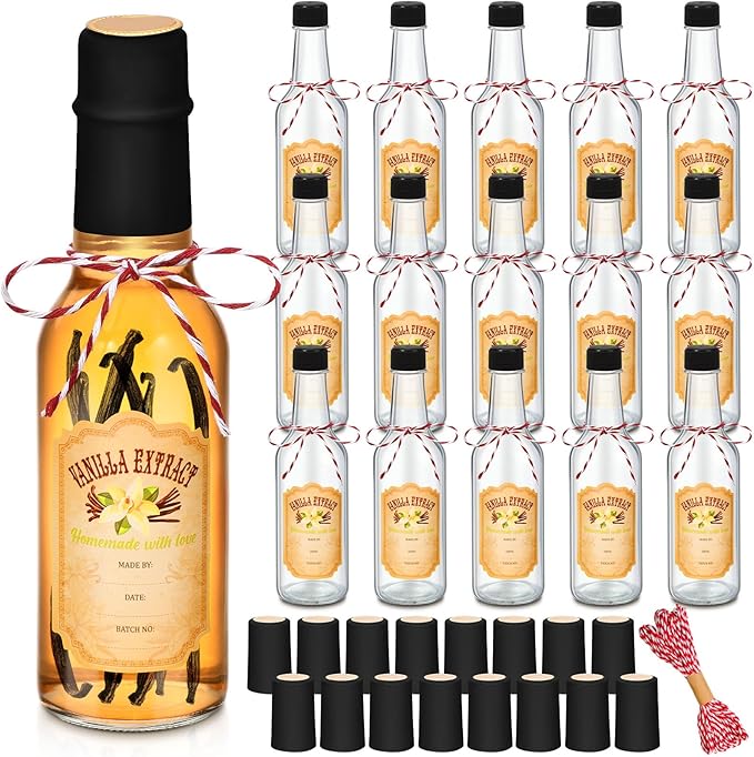 Tioncy 16 Pcs Vanilla Extract Bottles for Homemade Vanilla Jar Glass Bottle with Cap, Shrink Band, Sticker Syrup Gift Food Storage Canister for Bean Sauce Spice(Black,3 oz)