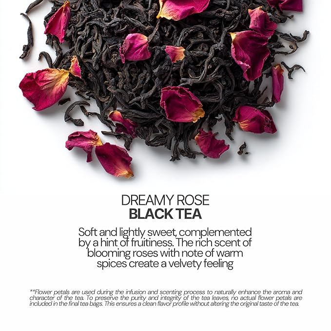 BLOSSOM RITUAL Dreamy Roses – Black Tea Loose Leaf – 20 Natural Based Pyramid Bags – Serve Upto 60 cups – Rose Petal Infused – Boost Focus & Relaxation – Resealable Zip Pouch| 2.65oz