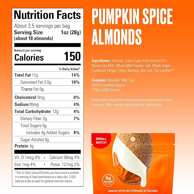 SkinnyDipped Pumpkin Spice Almonds, Healthy Snack, Plant Protein, Gluten Free, 3.5 oz Resealable Bags, Pack of 5