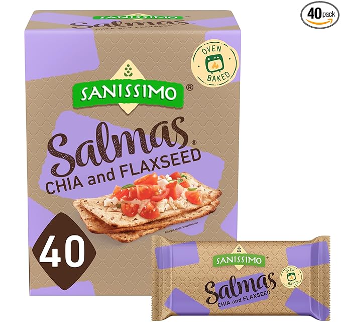Sanissimo Salmas Chia & Flaxseed, 40 Packs of 3 Crackers, Oven Baked Corn Crackers, Gluten Free, Non-GMO, Kosher Certified