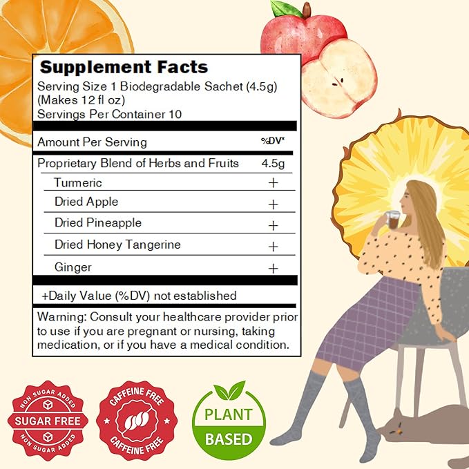 FOODHO Fruit Herbal Blend Functional Tea for Vitality with Honey Tangerine, Apple, Pineapple, Ginger and Turmeric, Hot or Iced Refreshingly Fruity, 10 Decaf Tea Bags