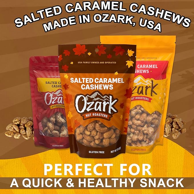 OZARK NUT ROASTERS Salted Caramel Cashews, Gourmet Candied Nuts Snack, Gluten-Free, Sea Salt & Caramel Glazed Cashews, Seasonal Fall Gift Packaging, 7 oz