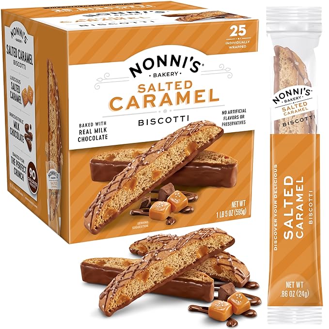 Nonni's Salted Caramel Milk Chocolate Biscotti Cookies ??Individually Wrapped Italian Coffee Snack, Crunchy Twice-Baked, 90 Cal Each, 21 oz Carton