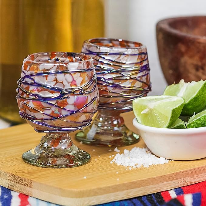 Authentic Mexican Tequila Hand Blown Shot Glasses - Set of 4-2 oz - Mini Glass Snifters - Heavy Base - Cognac (Blue Flame Burst)