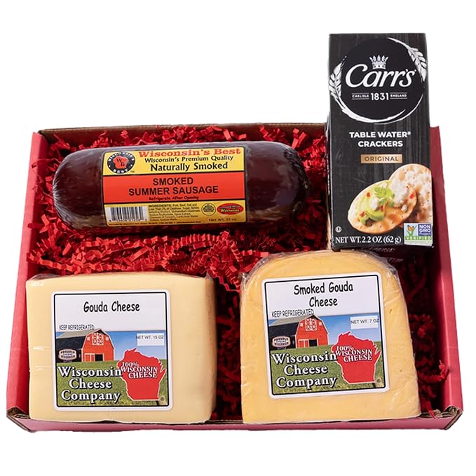 Wisconsin Cheese Company - Large Smoked Gouda Gift Box - 100% Wisconsin Original Gouda Cheese, Smoked Gouda Cheese, Sausage & Cracker Gift Box | Perfect for Parties, Charcuterie Boards and Birthday Gifts