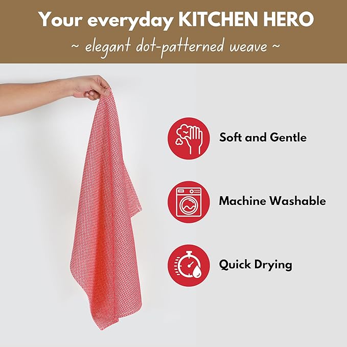 Native Fab 4 Pack Dotted Pattern Kitchen Dish Towels Cotton Super Absorbent Quick Drying Reusable 18x26 Inches - Bar Hand Towels, Kitchen Cleaning Towels with Hanging Loop, Red