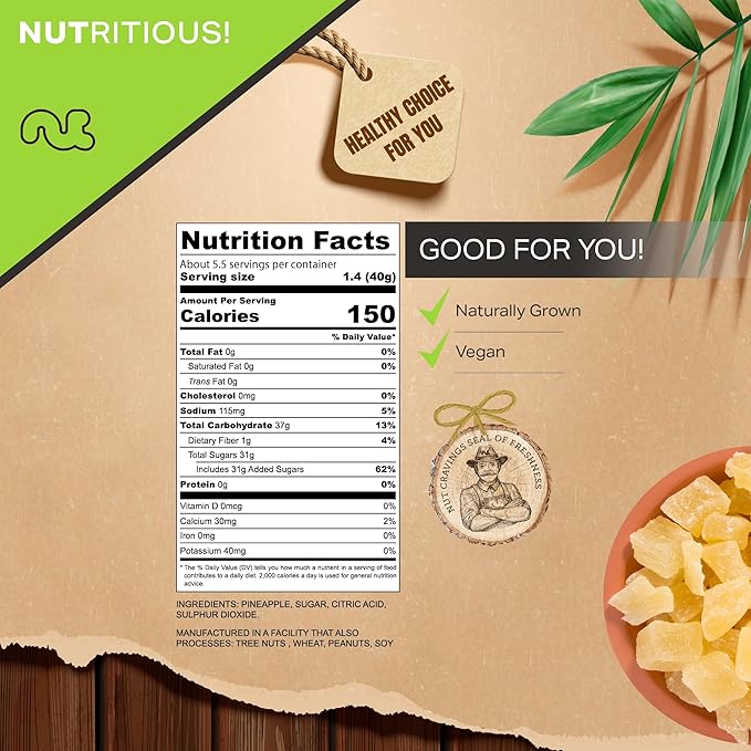 NUT CRAVINGS - Sun Dried Pineapple Chunks, Lightly Sweetened (8oz, 1 Pack) Bulk Dry Fruits Packed Fresh in Resealable Bag - Sweet Healthy Snack, Naturally Grown, Vegan, Kosher