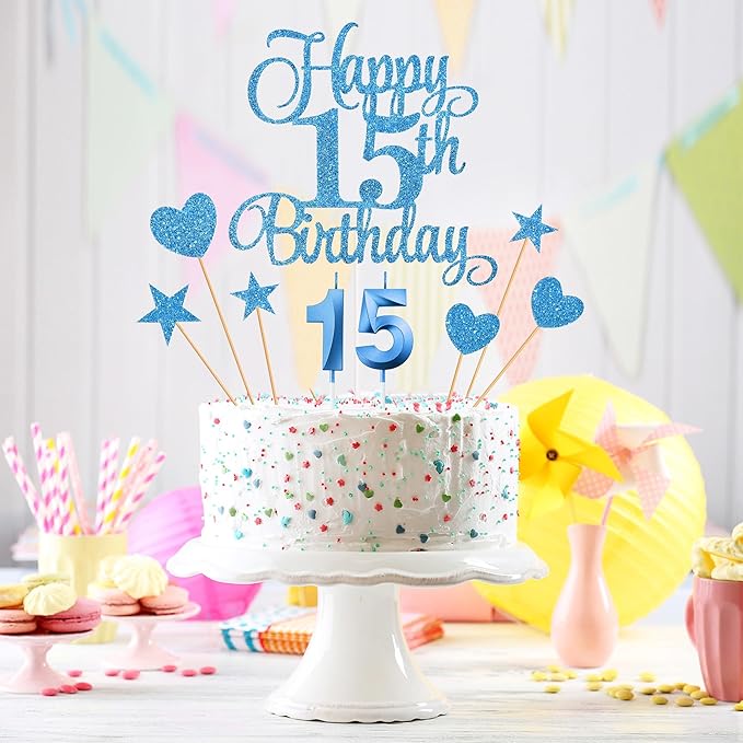 15th Birthday Cake Decorations, 15th Birthday Candles Cake Numeral Candles and Glitter Happy 15th Birthday Cake Toppers Set for Birthday Party Supplies (Blue)