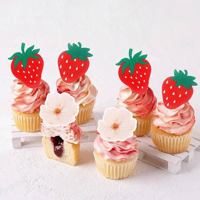 60 PCS Edible Strawberry Cupcake Toppers Wafer Paper Berry Strawberry Birthday Decorations Edible Flower Cupcake Picks for Baby Shower Wedding Birthday Party Cake Food Decorations Supplies