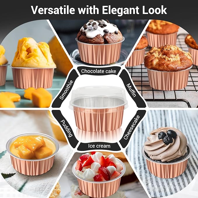 EUSOAR Rose Gold Cupcake Liners, 120pcs 5oz Disposable Aluminum Foil Baking Cups with Lids, Mini Foil Cupcake Liners Ramekins Cups with Lids for Oven Dessert Cups Aluminum Cheesecake Pan Creme Brulee