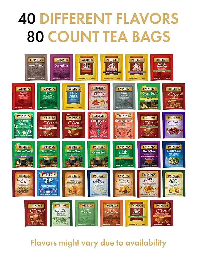Twinings Tea Bag Sampler Assortment, Variety Pack (80 Count), 40 Unique Flavors for Tea Lovers: Women, Men, Couples, Family, Friends, Coworkers