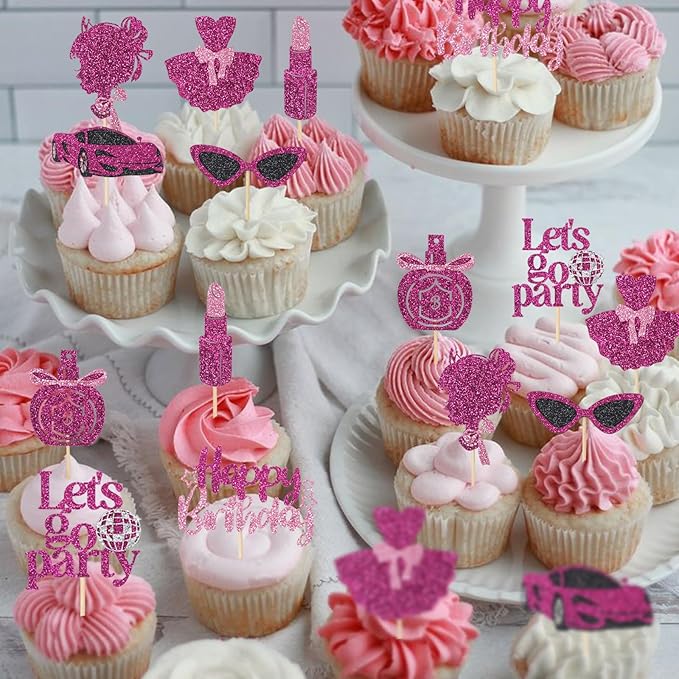 24 Pcs Glitter Princess Cupcake Toppers Pink Girl Cupcake Picks Let's Go Party Lipstick Cake Decorations for Girl Princess Theme Bridal Shower Wedding Birthday Party Supplies