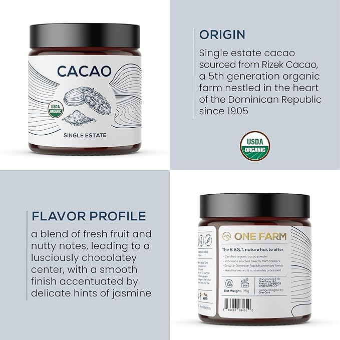 One Farm by WAAYB Organic Cacao, Single Estate, Non-GMO, Fair-Trade, Vegan, Gluten Free, 100% Raw Rizek Cacao in Resealable Bag for Cooking, Smoothies, Lattes & Baking (2.6 oz Jar, Powder)