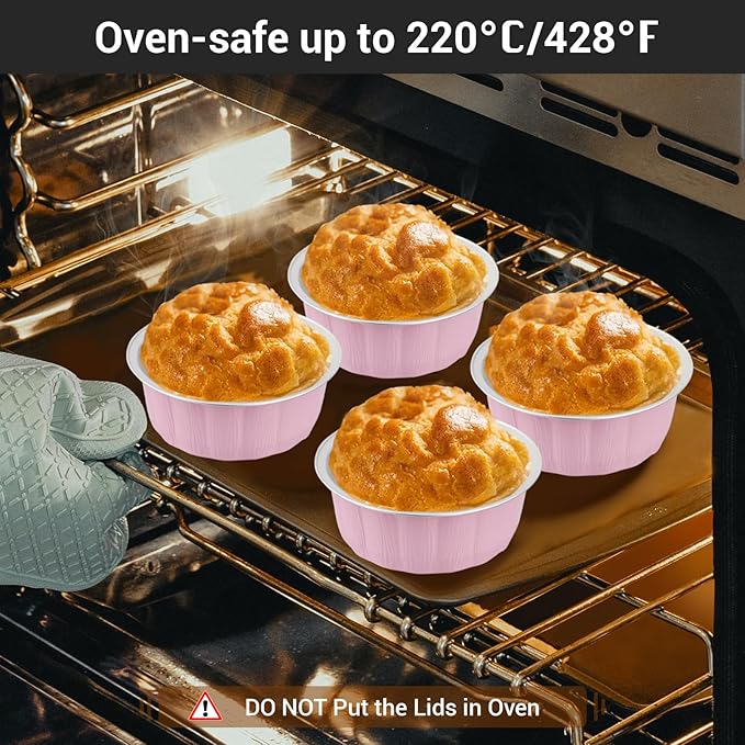 EUSOAR Muffin Liners, 25pcs 9oz Pink Creme Brulee Disposable Ramekins Cake Storage Container, Cake Pans with Lids Cups Cupcakes Bread Pudding Round Holders for Wedding Birthday Theme Party