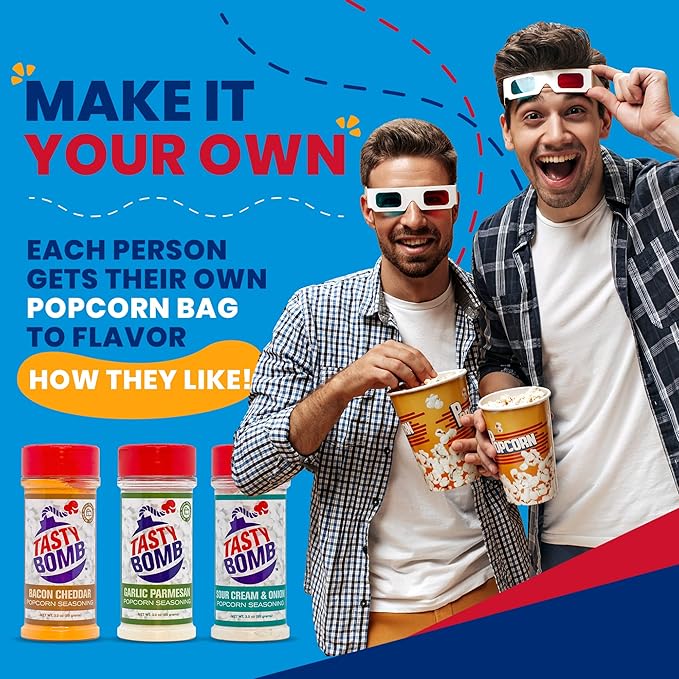 Tasty Bomb Popcorn Seasoning Pack, Keto Friendly, Gluten Free Popcorn Seasoning, Popcorn Seasonings Powder For Gifting, Pack of 4- Sour Cream & Onion, Garlic Parmesan, Dill Pickle, Cheesy Jalapeno