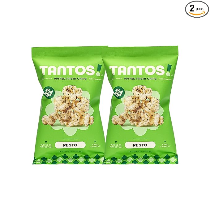 Tantos! Puffed Pasta Chips ??Healthy Pasta Snack by Top Chef Joe Sasto ??Plant-Based, Low Calorie, Crunchy Chips ??Variety Pack ??Marinara, Pesto, Cacio e Pepe, Classico ??Gourmet Bold Flavors (4 oz 2 Pack, Pesto)