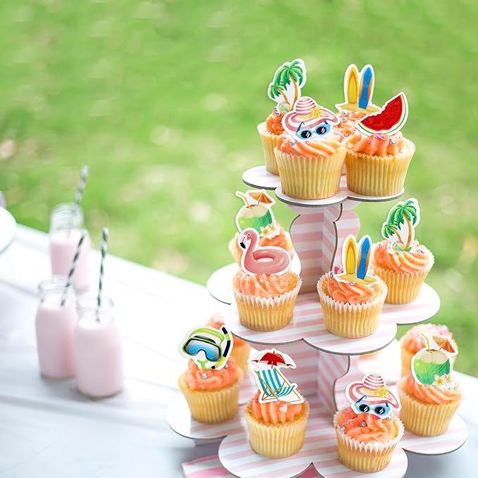 40cs Edible Summer Beach Hawaii Cupcake Toppers Watermelon Ice Scream Palm Tree Surfboard Swimming Pool Ball Slipper Cupcake Picks Baby Shower Summer Theme Birthday Party Cake Decorations