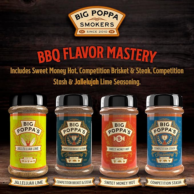 Big Poppa's Sweet Heat Flavor Bundle (4-Pack) - Featuring Sweet Money Hot, Competition Brisket & Steak, Competition Stash, and Jallelujah Lime Seasoning - Ultimate BBQ Seasoning Kit