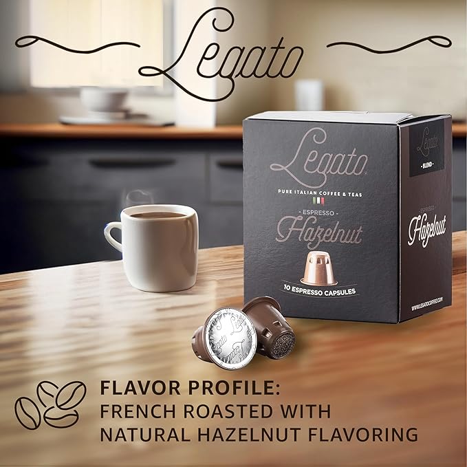 Legato Espresso Capsules - 10/100 count - Single-Serve Coffee Pods - Compatible with Nespresso OriginalLine Machine - Cafe-style Coffee at Home (100, Hazelnut Strength 5)