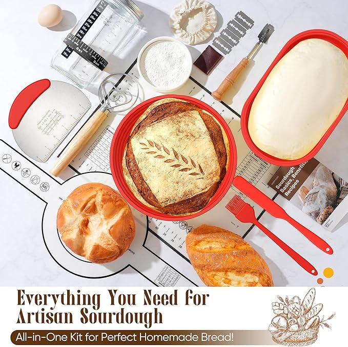 Sourdough Starter Kit with Jar ??Complete Sourdough Bread Baking Supplies for Beginners, Includes 2 Silicone Proofing Baskets Baking Mat Sour Dough Kit - Red