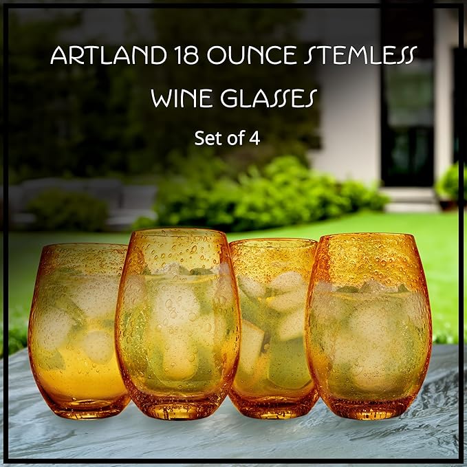 Artland Stemless Wine Glass, Set of 4 | Iris Seeded Design, Amber | Drinking Glass for Parties and Everyday Use - Wine, Champagne, Cocktail | Glassware & Barware Essentials