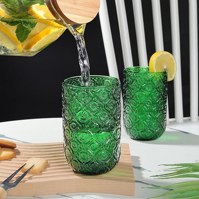 Joeyan Vintage Drinking Glasses,Green Embossed Floral Highball Glass Water Tumbler,14 oz Colored Beverages Juice Cocktail Beer Wine Glassware Cups,Set of 4,Dishwasher Safe