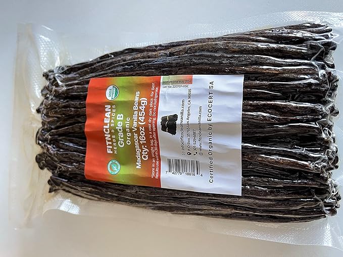 1 Lb Organic Madagascar Vanilla Beans Grade B. Certified USDA Organic 6"-7" by FITNCLEAN VANILLA. 16 oz Whole NON-GMO Bourbon Pods