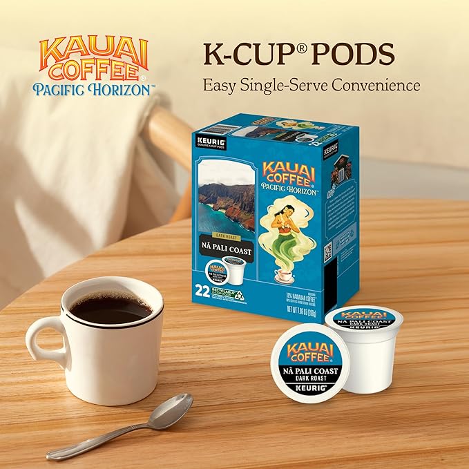 Kauai Coffee K-Cup Pods for Keurig Brewers – Arabica Coffee, 10% Hawaiian – Dark Roast, Nutty with Sweet Chocolate Overtones – Na Pali Coast, 1 Pack of 22 Single Serve K-Cups