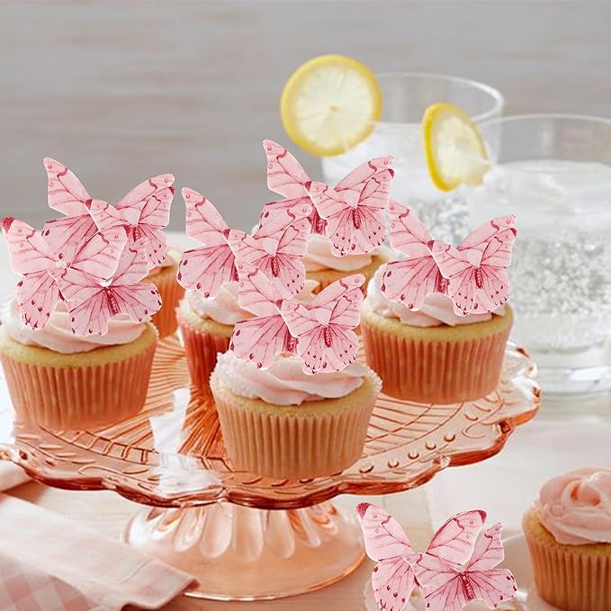 40 Pack Edible Butterfly Cake Decorations, Cupcake Toppers, Birthday Party Decorations for Wedding, Anniversary, Flower Themed Party - Pink