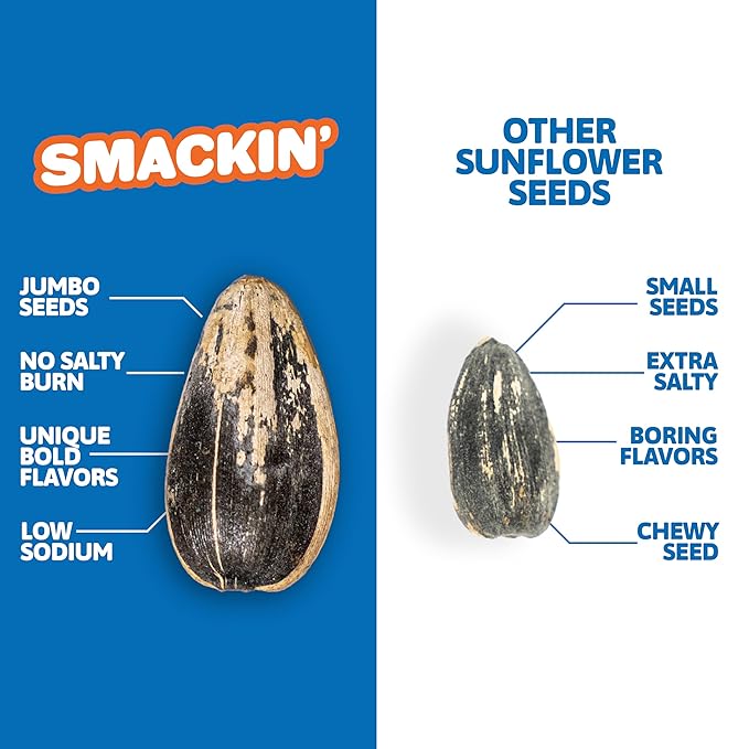 SMACKIN' - Jumbo Roasted Sunflower Seeds, No Salty Burn, American Made, Easy Pour & Seal - Original, 4oz bag (12 Bags)
