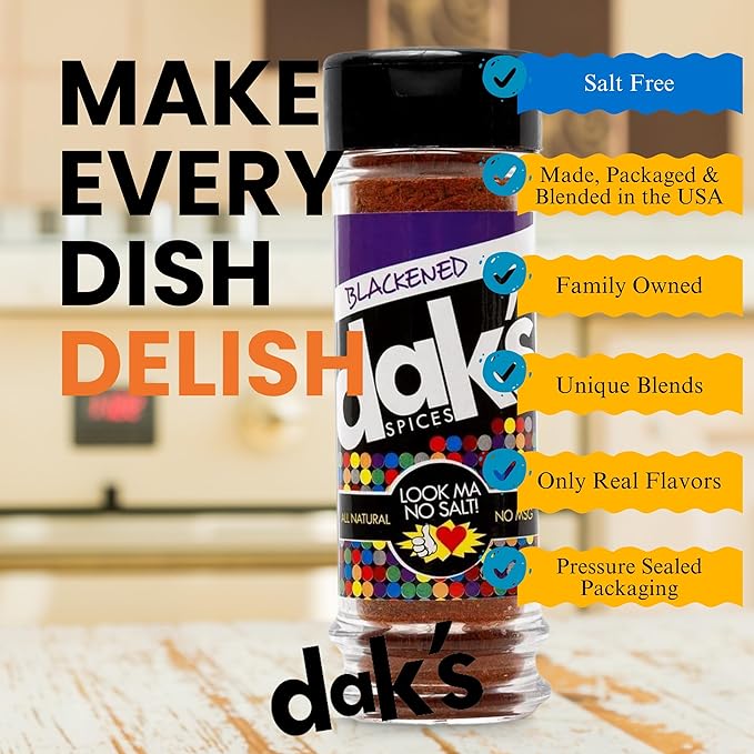DAK's Spices Blackened Mouth Watering Seasoning Blend | 100% Salt Free | Premium & Healthy Seasoning | MSG Free, Preservative Free, Potassium Chloride Free | Low Carb & Keto Friendly | Perfect for Clean Eating & Adding Flavor to Recipes | 1.5 oz