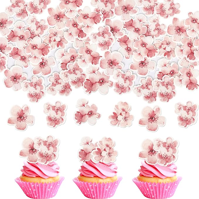 60 Pack Edible Cherry Blossom Cupcake Toppers Cherry Flowers Cake Toppers Rice Paper Wafer Paper Cake Picks for Cherry Blossom Bridal Shower Baby Shower Kids Birthday Cake Decorations Color 1
