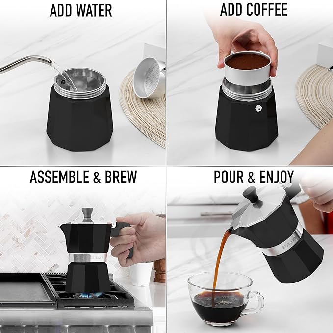 Zulay Moka Pot Espresso Stovetop Coffee Maker - Leak-Proof, Stainless Steel, Easy to Clean, Heat Resistant Handle & Knob - for Authentic Cuban & Italian Style Espresso - Makes 3 Espresso Cups - Black