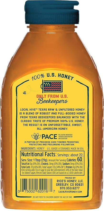 Local Hive Texas Raw Unfiltered Honey – 16 oz, 100% Pure US Honey, Sourced from American Bees and Beekeepers - Natural Sweetener, Ideal for Tea, Baking, and Cooking