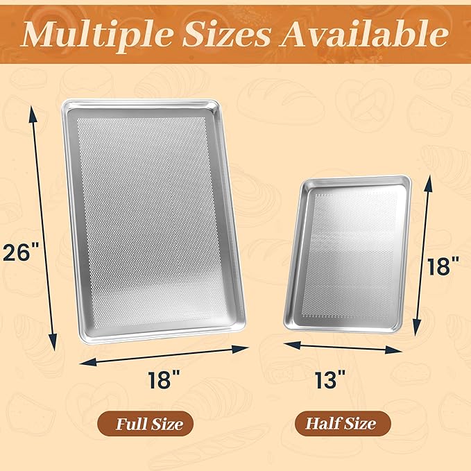 6 Pack Full Size Baking Sheet Pans Perforated, Aluminum Commercial Cookie Sheets Non-Stick, 26"x18"