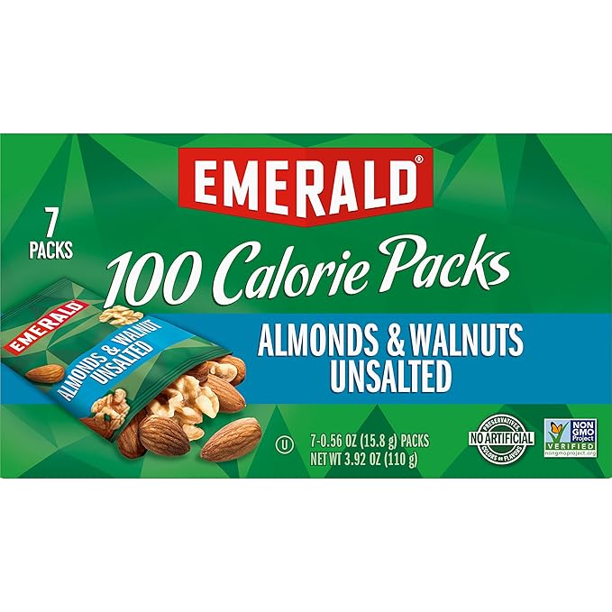 Emerald Nuts Unsalted Almonds and Walnuts 7 Ct (1-Pack), 100-Calorie Individual Packs of Nut Blend, Kosher Certified, Non-GMO, Contains No Artificial Preservatives, Flavors or Synthetic Colors