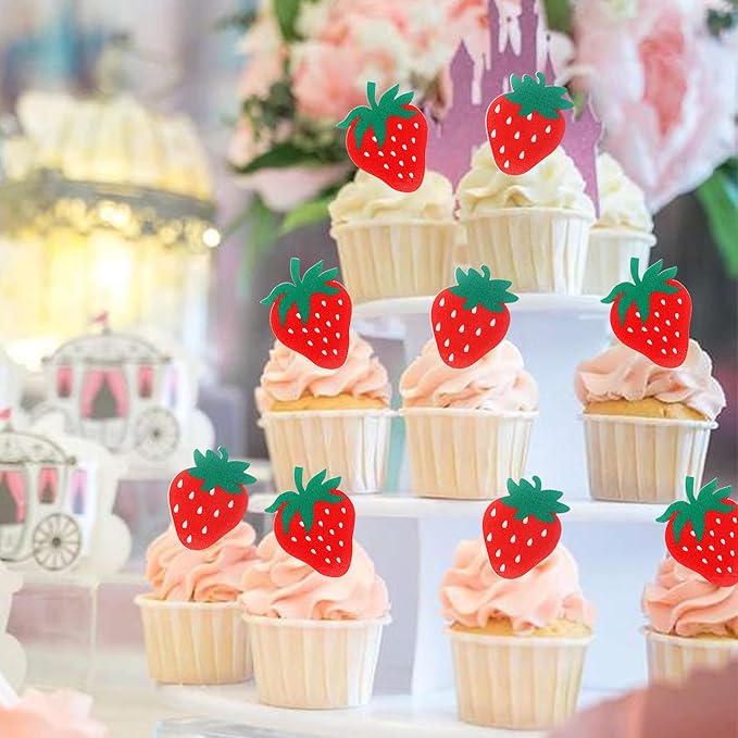 60 PCS Edible Strawberry Cupcake Toppers Wafer Paper Sweet Berry Cupcake Picks Edible Strawberry Cupcake Decorations for Baby Shower Wedding Birthday Party Cake Food Decorations Supplies
