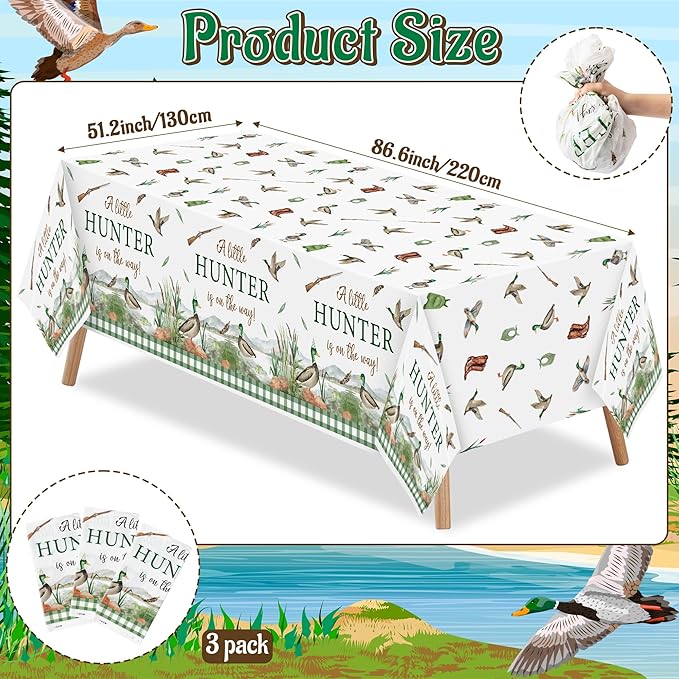 Mallard Duck Party Tablecloths - 3Pcs Hunting Duck Baby Shower Disposable Table Cover, A Little Hunter is on The Way Plastic Table Cloth for Baby Shower Party Decorations 51 x 86 Inch