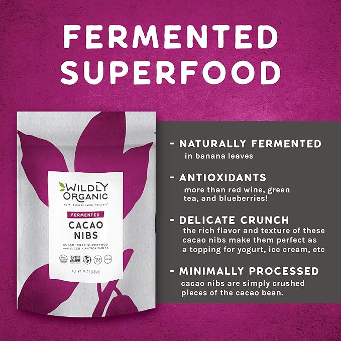 Wildly Organic Fermented Cacao Nibs 16 Oz, 1 lb Bag - Organic, Non-Alkalized, Minimally Processed, Raw, Non-GMO, Kosher, Vegan, Premium Rich Chocolate Flavor | Perfect in Smoothies, Yogurt, Oatmeal, Granola, Baking, Fruits, & Ice Cream